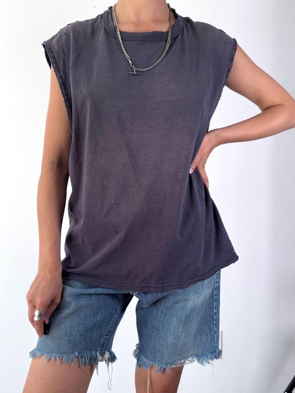 90s vintage blue grey faded distressed classic blank sleeveless cotton tee shirt